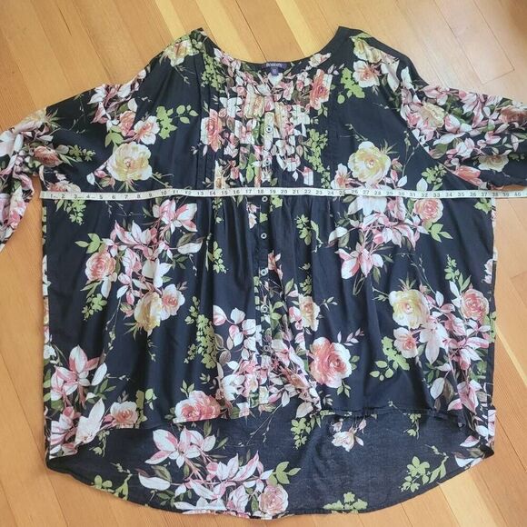 Roaman's 40W 100% cotton dark floral print pleated front button up blouse cottag - Picture 7 of 9